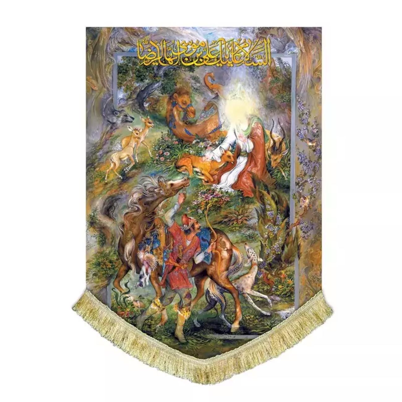 Main image of 大型天鹅绒旗帜 – 伊玛目 Reza (A.S.) 与鹿的绘画，信仰与敬意象征