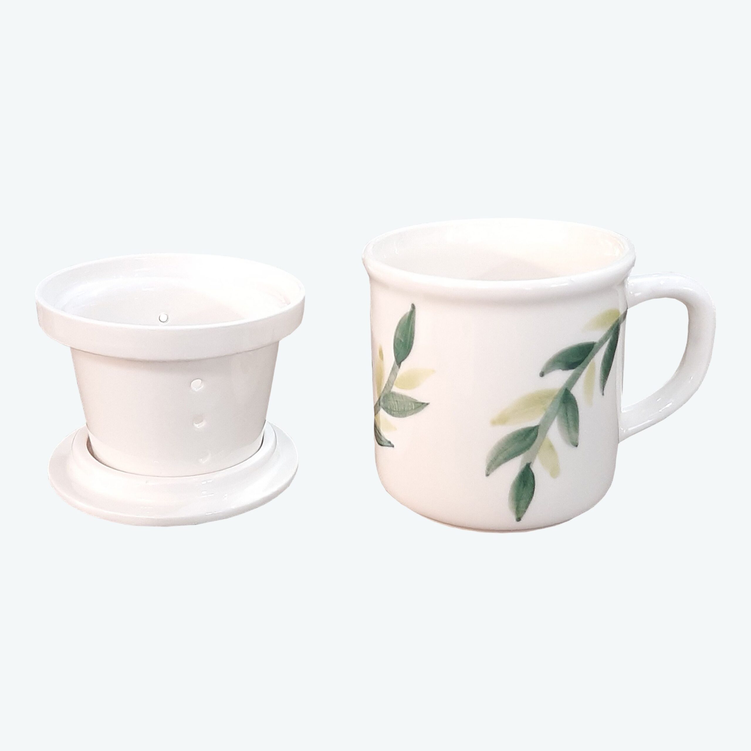 陶瓷花草茶滤杯带盖 – 白色款