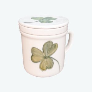 陶瓷茶滤杯带盖 – 白色款，手绘四叶草图案