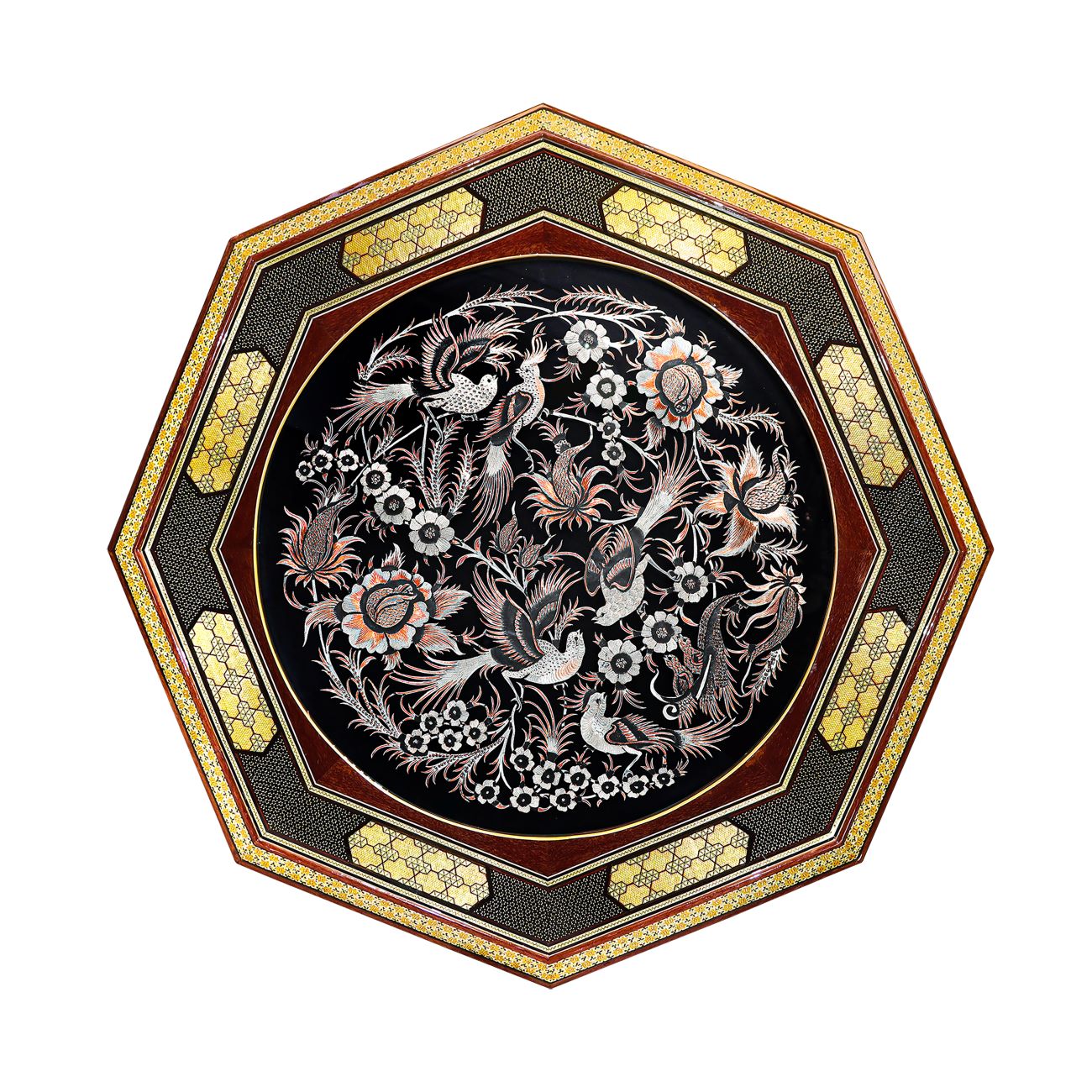 Main image of 雕刻黄铜板——鸟与花卉图案，手工镶嵌木艺术杰作