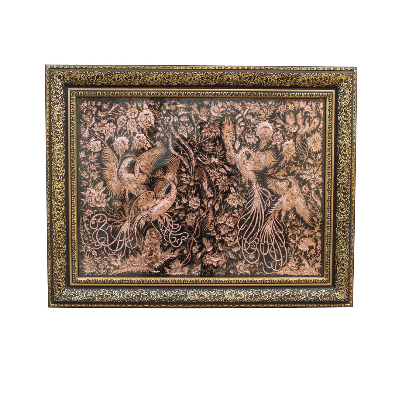 Main image of 手工黄铜壁框，雕刻优雅鸟与花卉图案