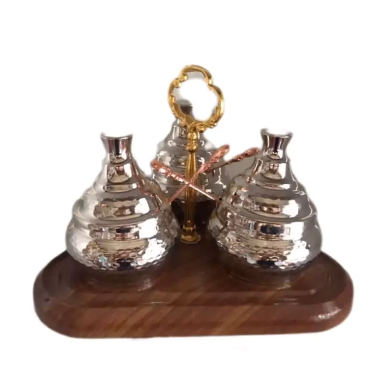 手工铜制储物罐 – 带支架与勺子,3件套