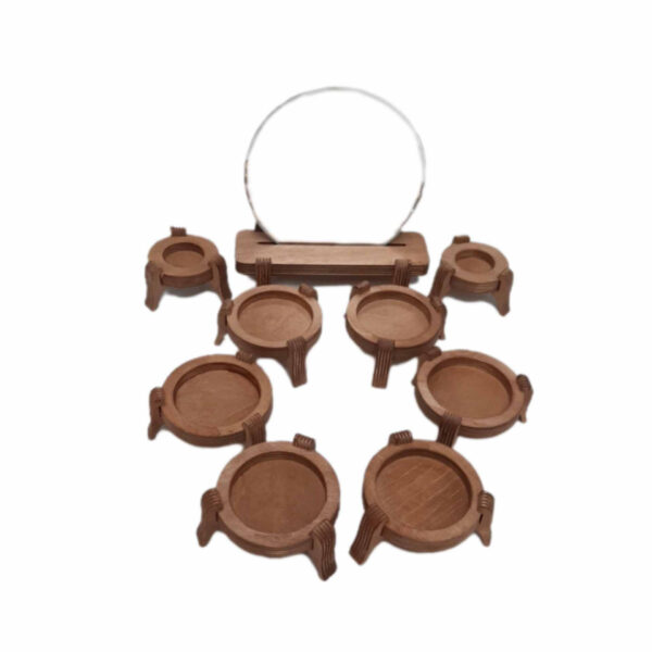 手工木制七辛桌套装 —— 圆形底座精雕设计，高雅诺鲁兹庆典（9 件套）