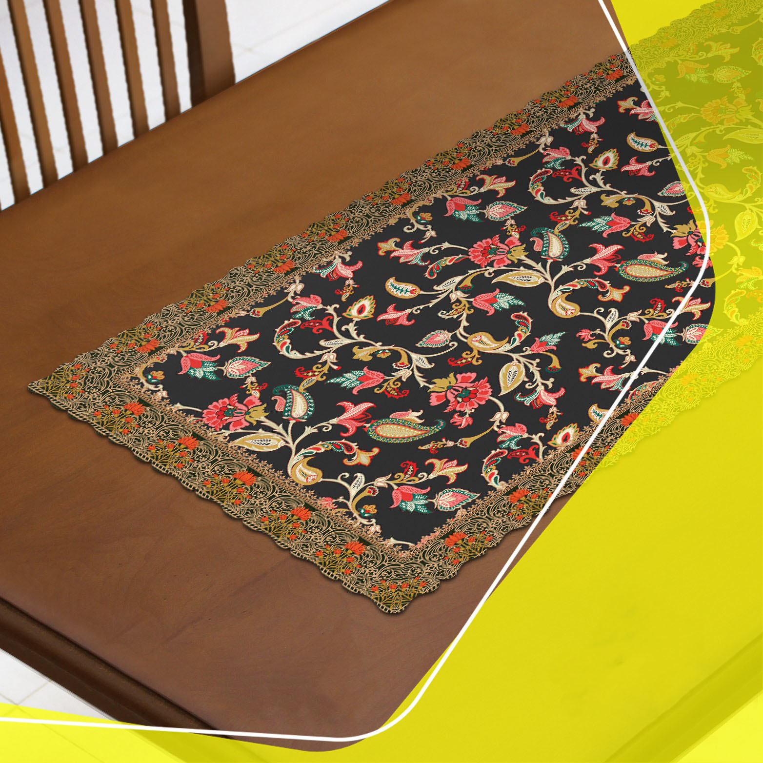 波斯风格黑色天鹅绒桌旗 – 花卉图案