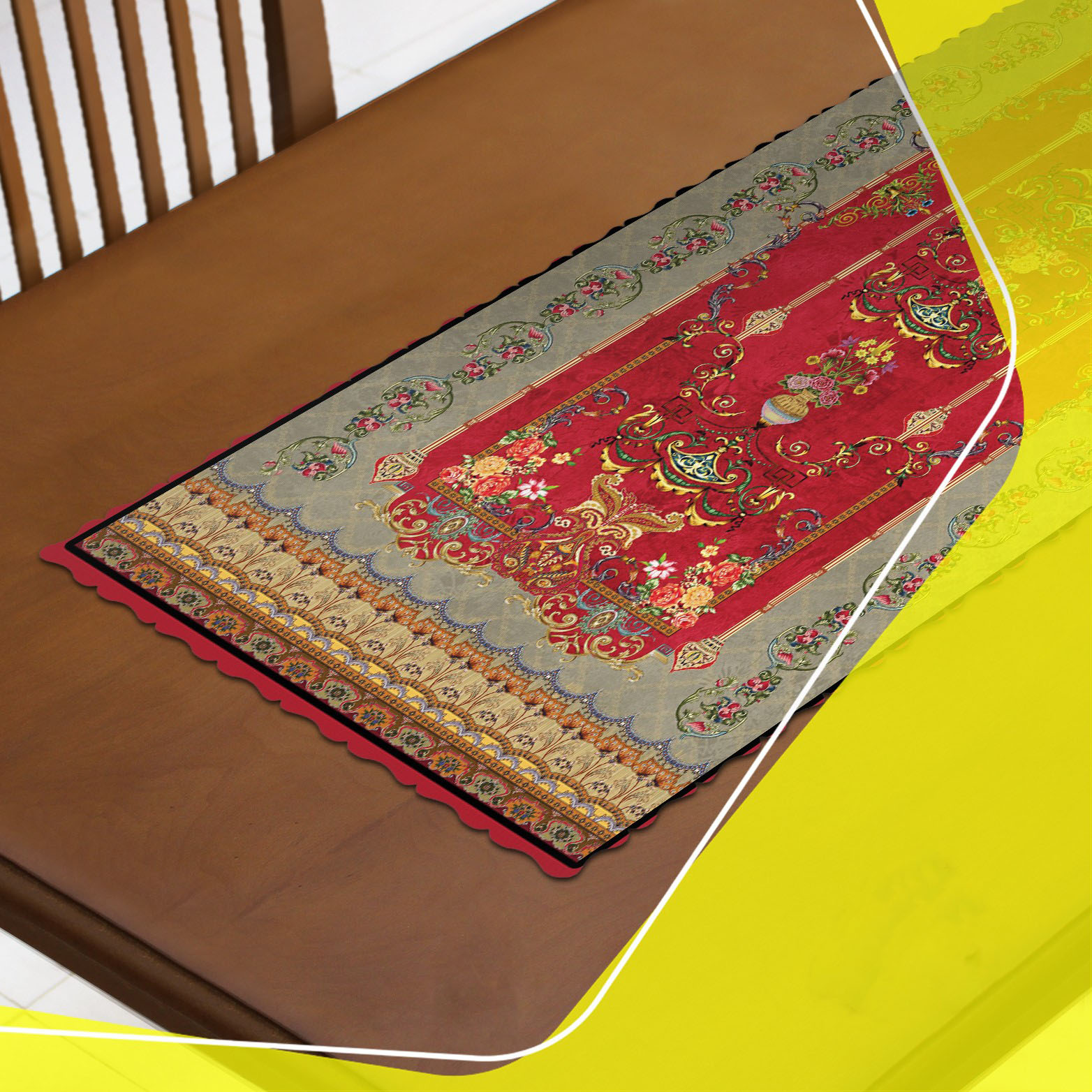 波斯风格天鹅绒桌旗 – 大型花卉设计