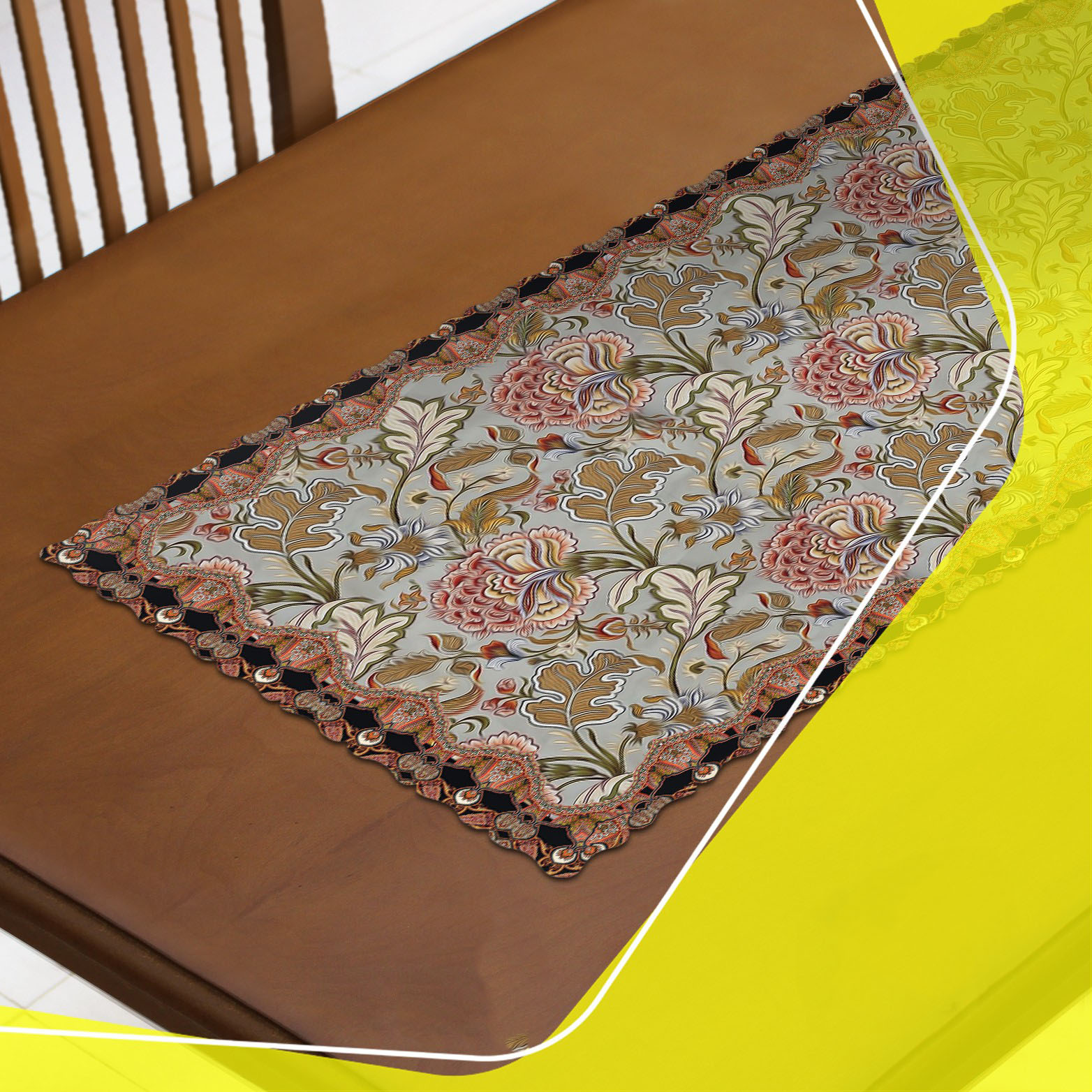 波斯风格天鹅绒桌旗 – 大型花卉设计