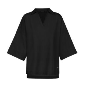女士七分袖衬衫 – V领，黑色宽松版型