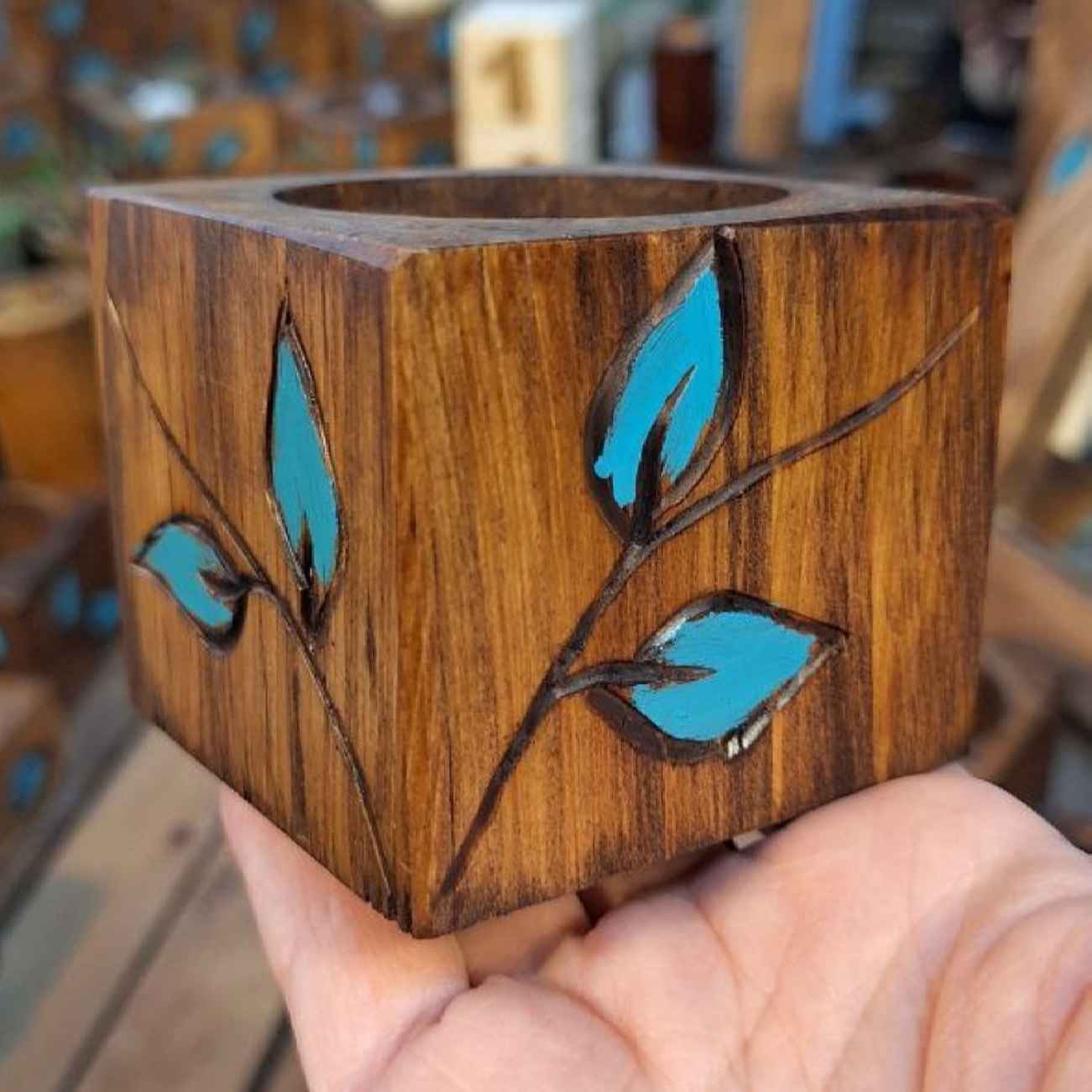 木制七辛桌盘套装 —— 蓝色叶子图案配镜子,诺鲁兹装饰佳品