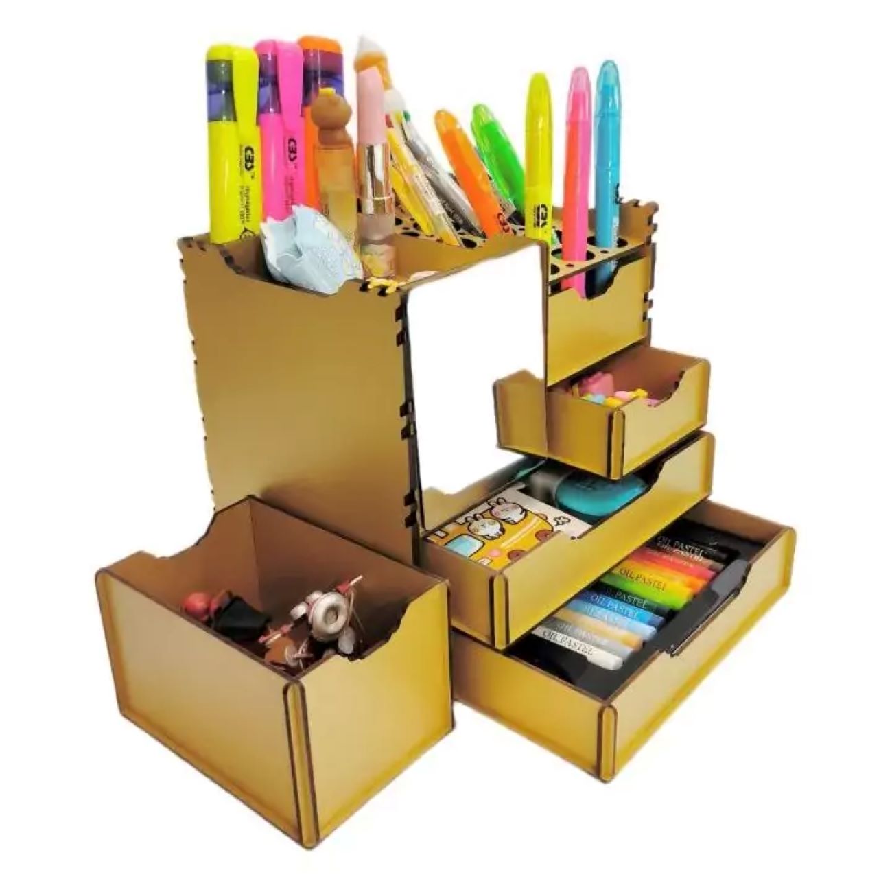 木质化妆和文具收纳架,带4个抽屉(含隐藏抽屉)