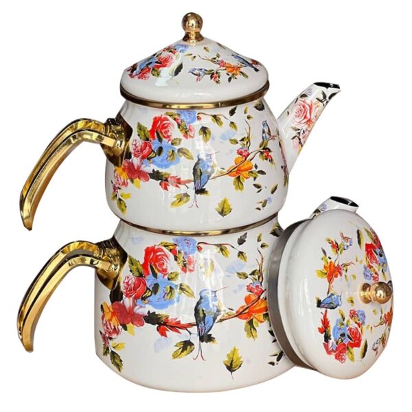 Enamel Teapot and Kettle Set – Floral & Bird Design (1)