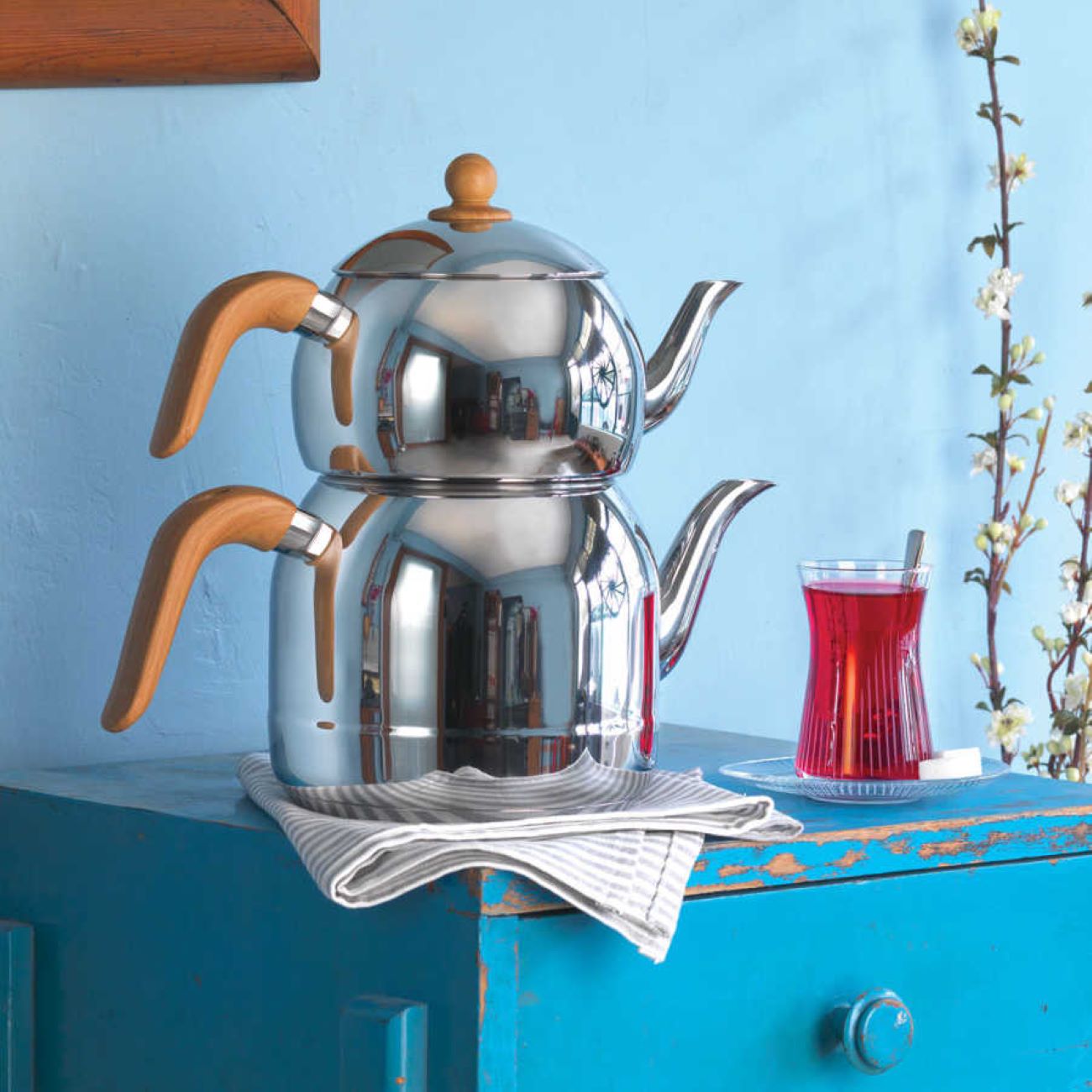 Korkmaz 茶壶与水壶套装 A196型号 – 不锈钢带铬镍电镀