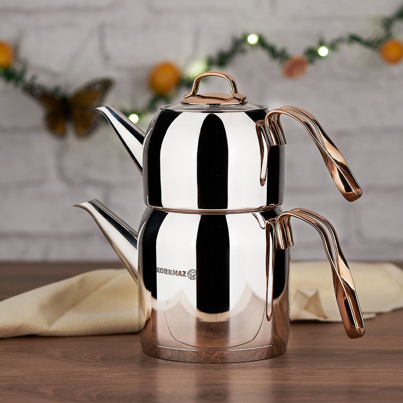 Korkmaz 茶壶与水壶套装 – 不锈钢带铬镍电镀