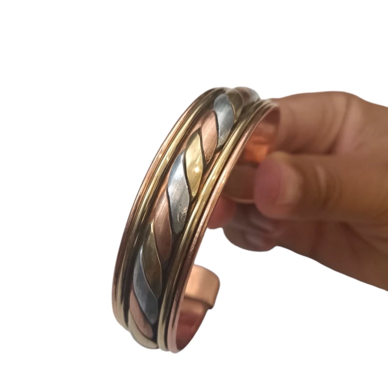 宽版铜手镯 – 银色与金色编织,高品质