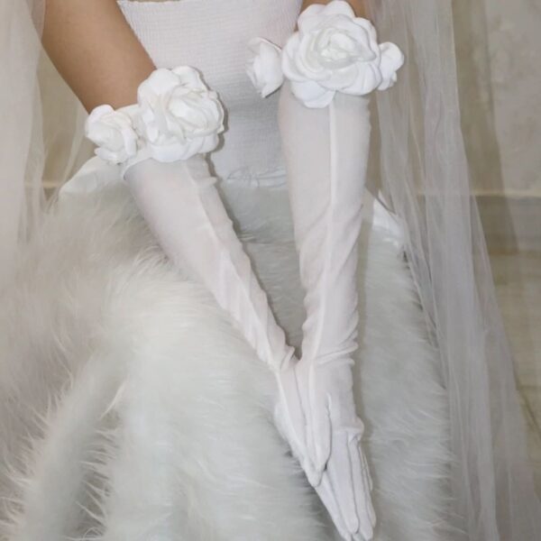 Bridal Gloves Decorated With Satin Flowers, Suitable for Weddings & Ceremonies (1)