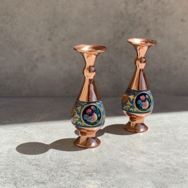 Copper and Mina Kari Vase with Gol-o-Morgh Design, Size 16 (2Pcs)