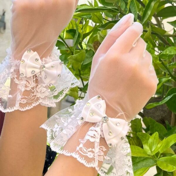 Elegant White Lace Gloves with Ruffles and Bow Suitable for Photoshoot & Ceremonies