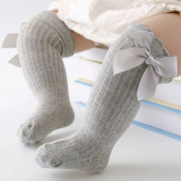 Girls’ Long Dress Socks with Bow – Premium Quality Gray Cotton (2)