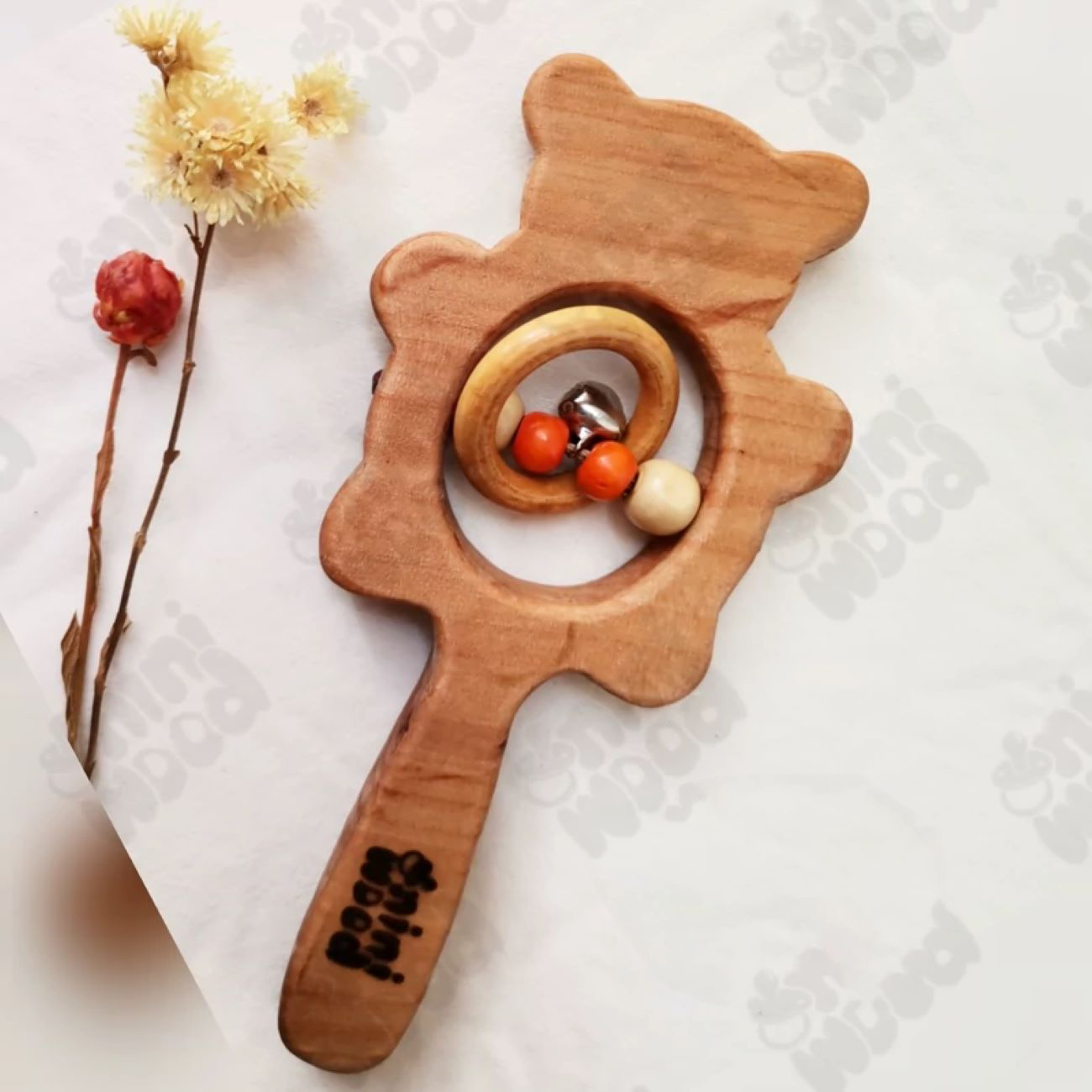 天然木婴儿摇铃 – 熊猫造型，适合婴儿使用