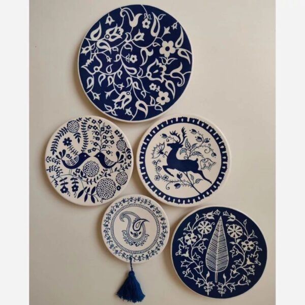 Navy Blue Traditional Design Pottery Wall Plates with Hangers - Set of 5