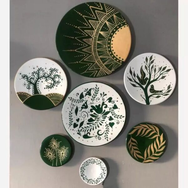 Pottery Wall Plates with Sun, Tree, and Bird Design — Set of 7