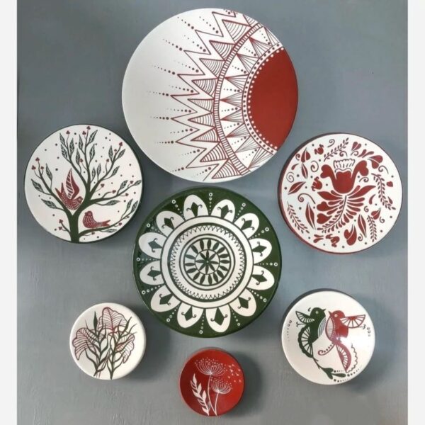 Pottery Wall Plates with Sun and Bird Design — Set of 7