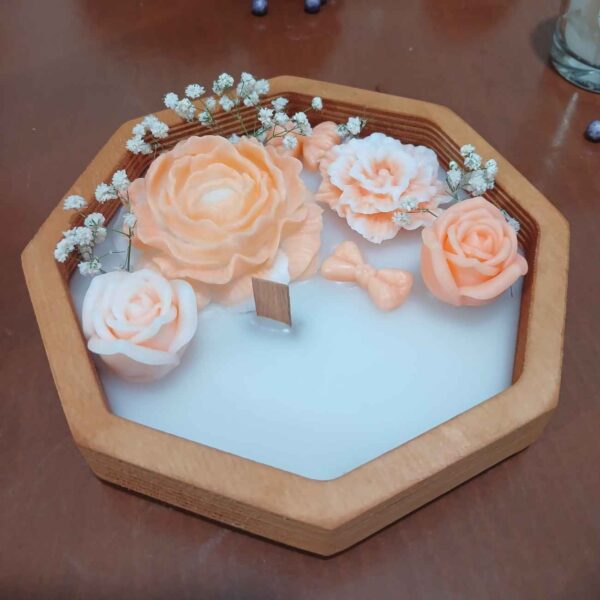 Rustic Wooden Jar Candle – Handmade, Suitable for Home Decor with Pink Rose Design