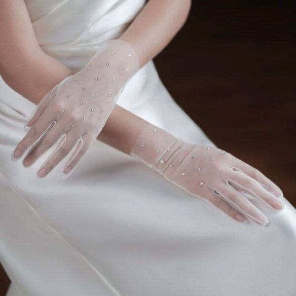 White Bridal Lace Gloves With Rhinestone Accents, Simple And Elegant