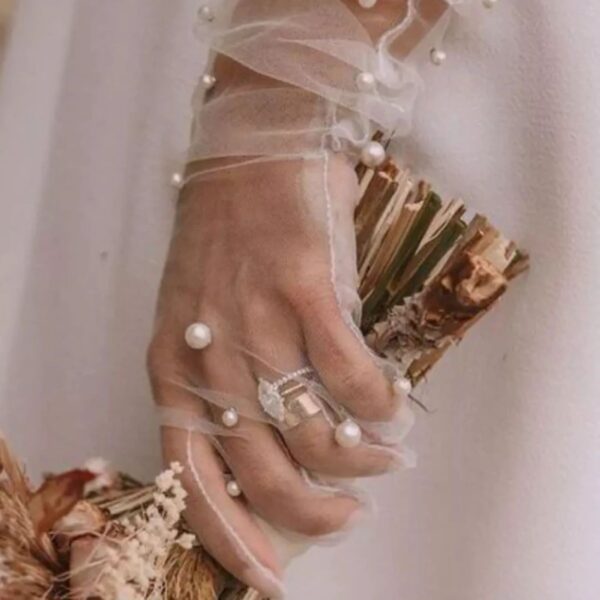 White Bridal Lace Gloves with Pearl Embroidery, Elegant and Embellished