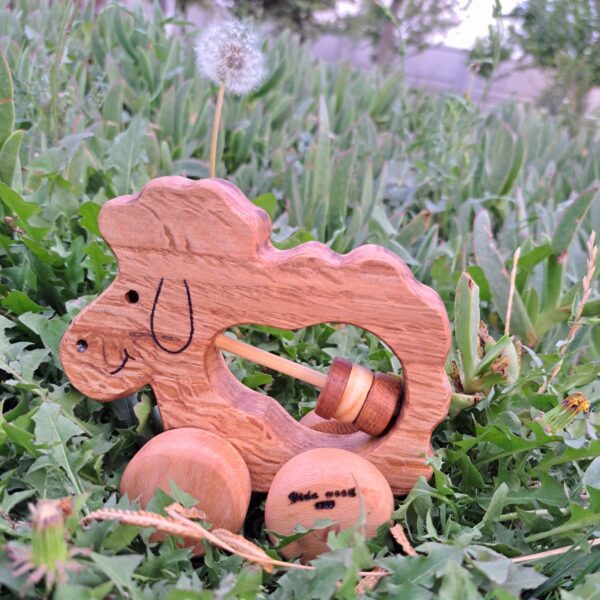 Wooden Lamb Baby Rattle – Oak Wood, Plant-Oil Finish with Movable Wheels (2)