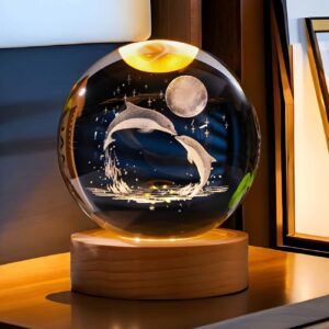 3D水晶球台灯 – 浪漫海豚与月亮造型