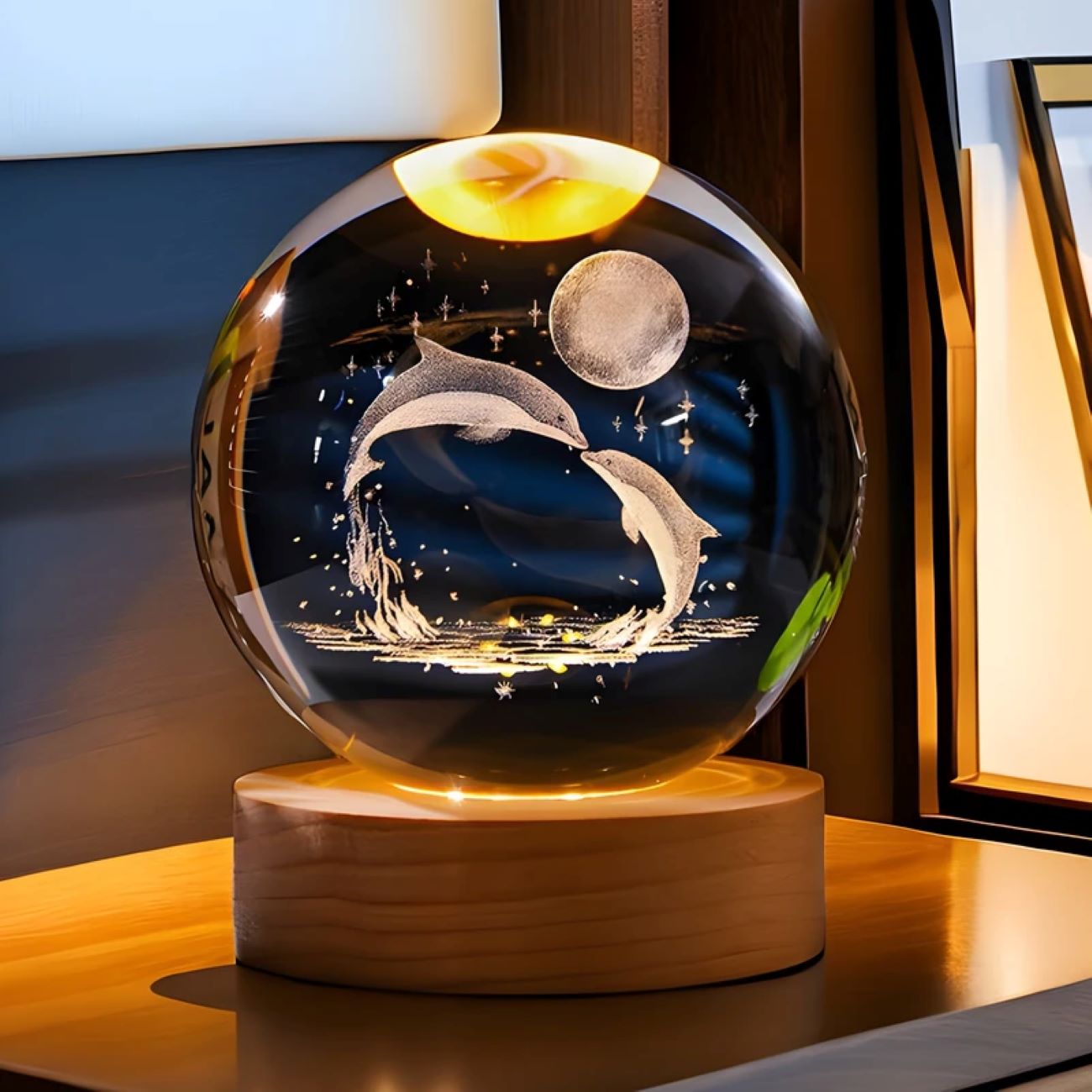 Main image of 3D水晶球台灯 – 浪漫海豚与月亮造型
