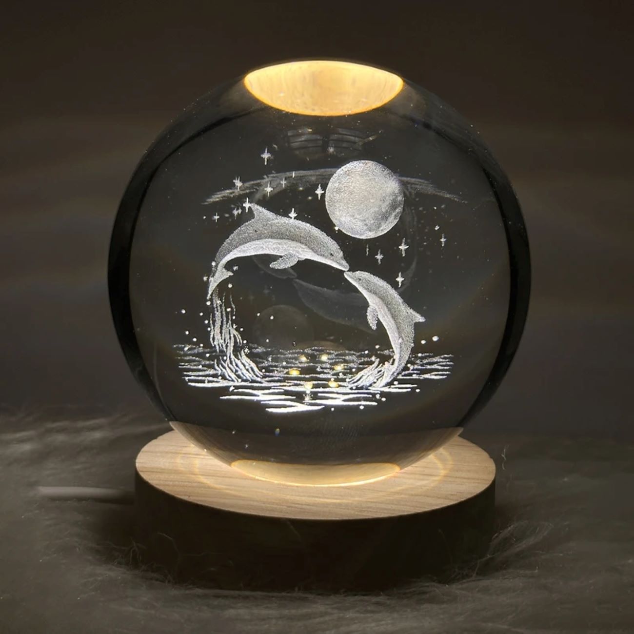 3D水晶球台灯 – 浪漫海豚与月亮造型