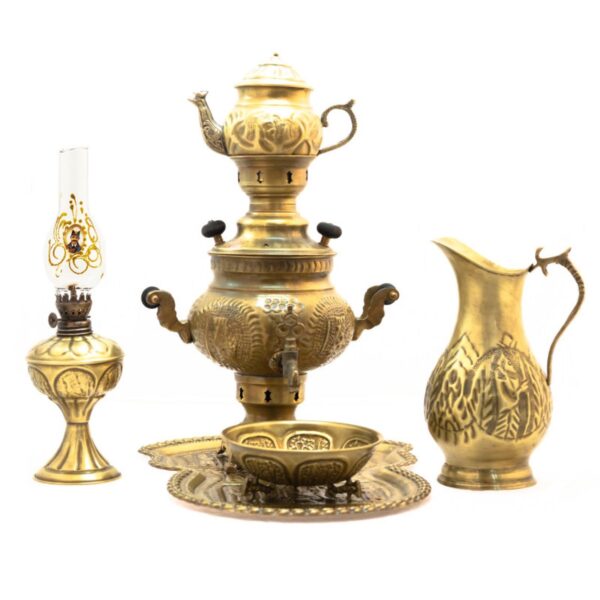 6-Piece Brass Charcoal Samovar Set, Ghalamkari Engraving (1)