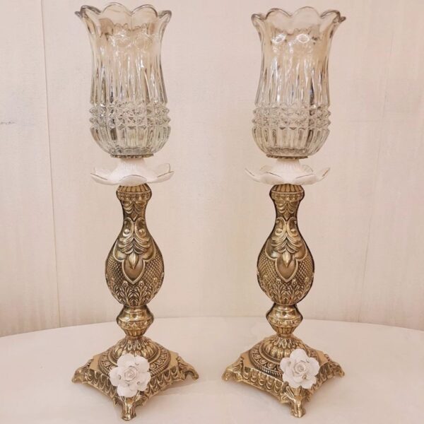 Bronze Candle Holder with White Blossom Flower Design