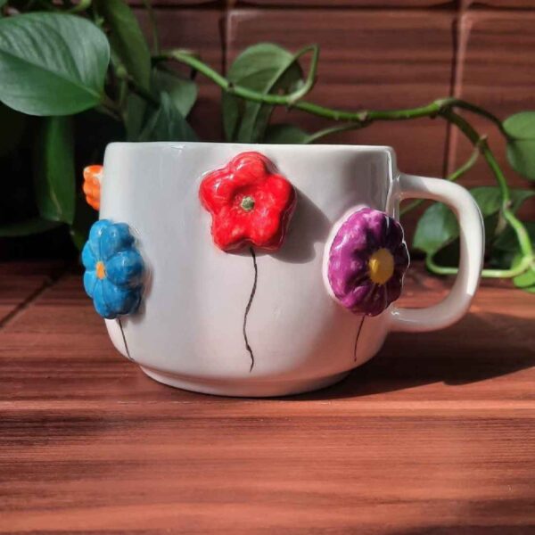 Handcrafted Embossed Floral Ceramic Mug – Fantasy Style with Raised Flower Design (3)