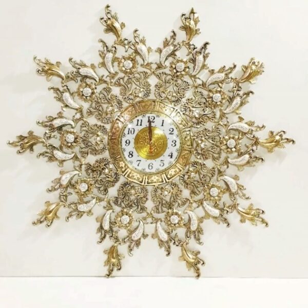 Large Brass Bronze Wall Clock with Round Sunburst Flame Design