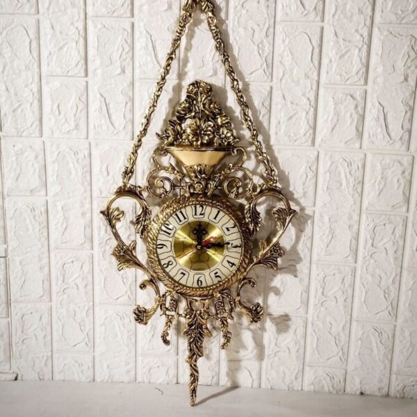 Large Brass Hanging Wall Clock with Brass Floral Pendant (1)