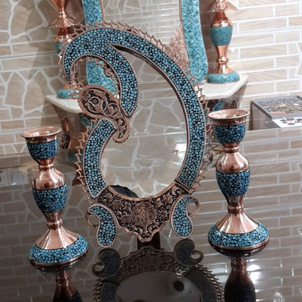 Medium-Sized Turquoise Inlay Mirror and Candle Holder Set – Paransa Brand (2)