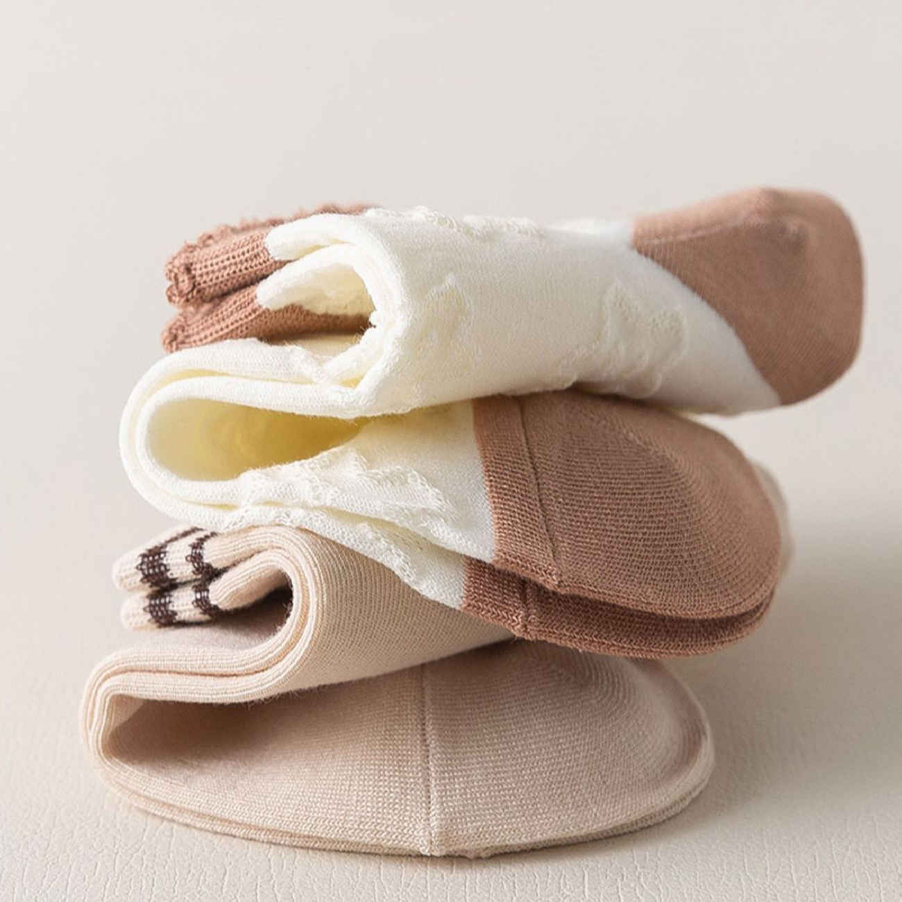 棉质熊袜 — 柔滑奶油白组合(五双装)