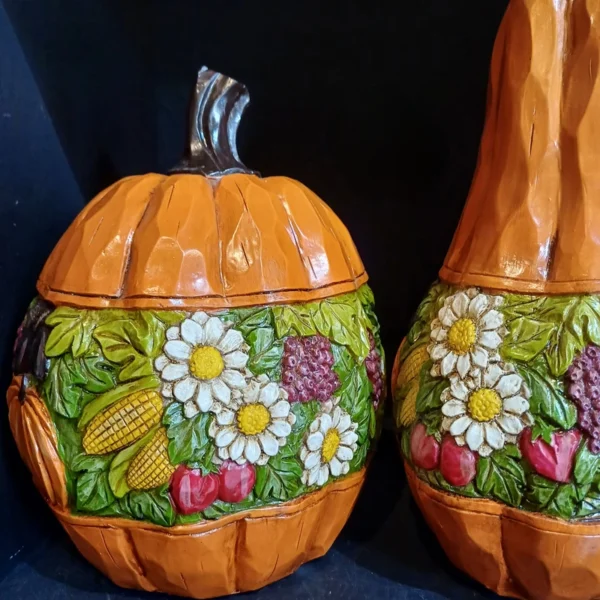 Decorative Pumpkin Set, Sanded Polyresin with Two Lids – Suitable for Autumn Display (Set of 2)