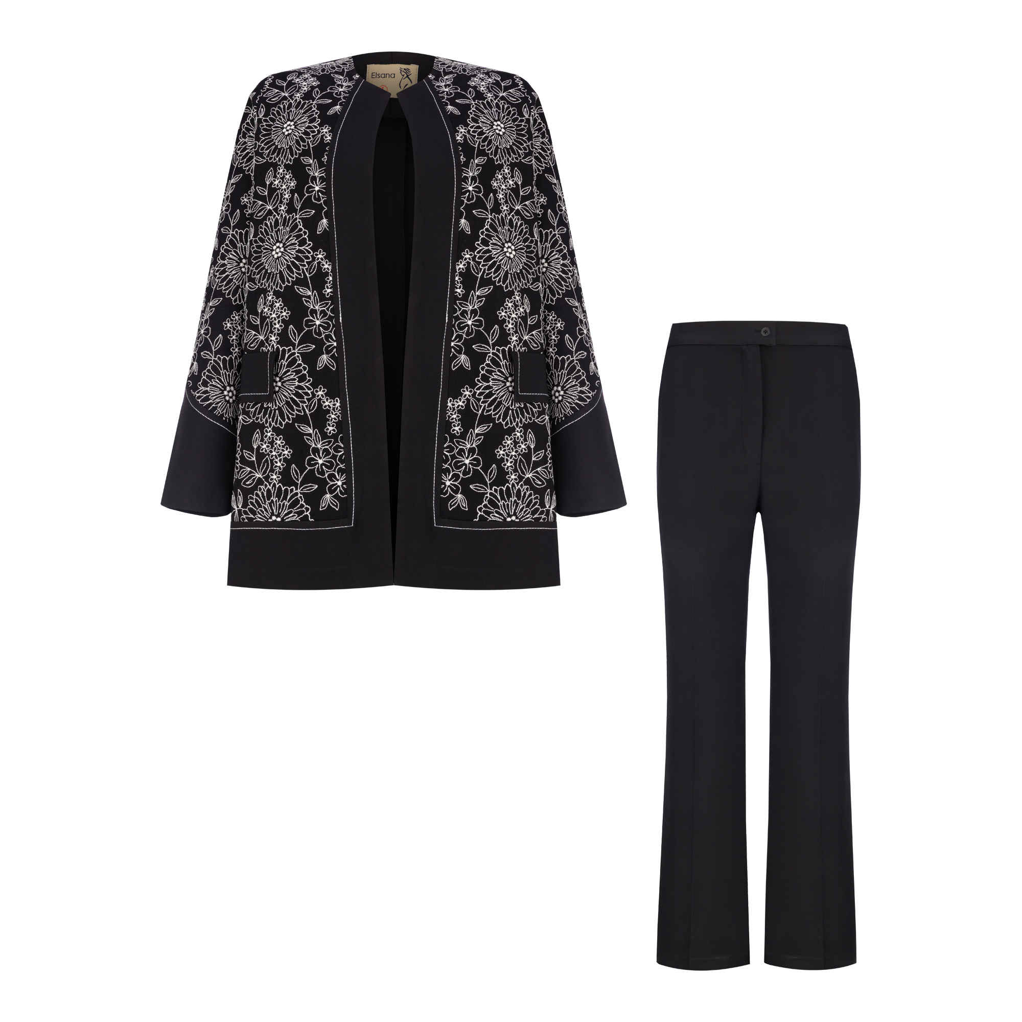 Main image of 女式曼托与裤装套装，Zanus 款，黑色刺绣设计