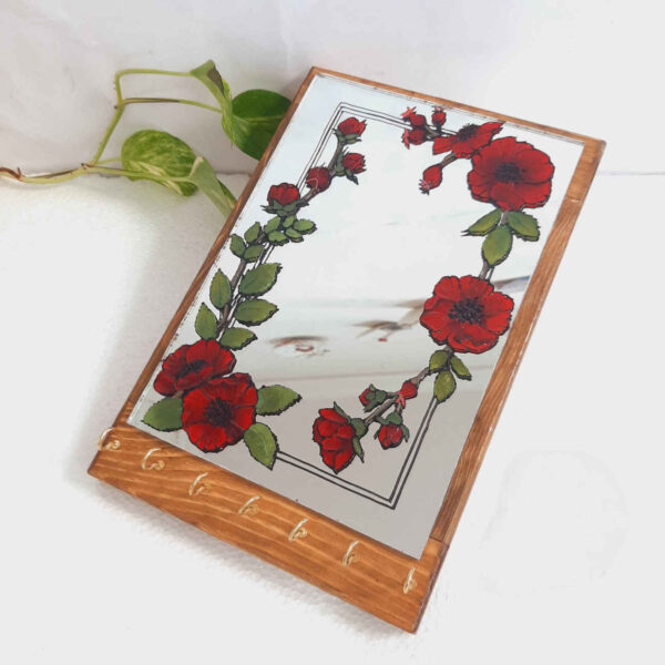Wooden Mirror Key Hanger with Hand-Painted Red Flowers – Functional Wall Art